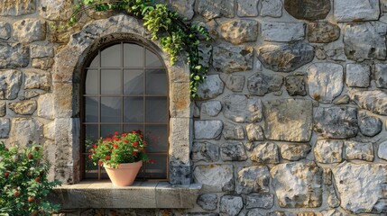 Naklejka premium stone wall with arch shape window pot flower on window sill old style building modern trend rock texture exterior decoration