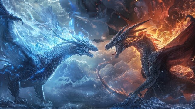 Epic illustration of two dragons, one of fire and one of ice, facing off in a dramatic and mystical conflict in a fantasy setting.