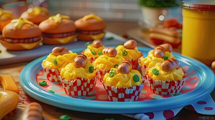 A colorful plate with egg muffins in festive liners and several hot dogs ready to be served The vibrant presentation highlights a fun and casual meal