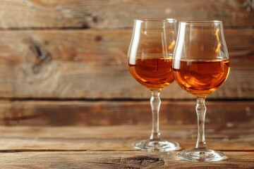 Two sherry glasses on brown wooden surface with space for text