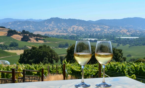 Two glasses of wine with a view of California wine country on a bright day