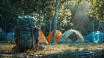 one backpack and the tents in the campsite