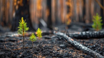 Baby pine trees grow among burned tree trunks after controlled burn in forest