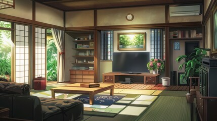 Fototapeta premium Japanese Living Room with Sunlit View