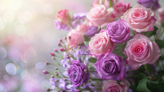 Pink and purple roses bouquet on natural background with space for customization