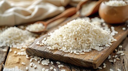 Uncooked Calasparra rice or arroz calasparra scattered on wooden cutting board Spanish processed white bomba rice ideal for paella Natural Organic Product