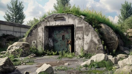 urban fallout shelter with stones entrance