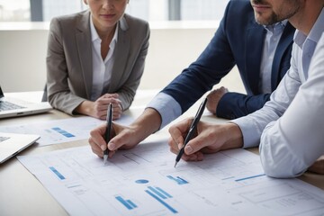 Three business professionals collaborating on project reviewing blueprint with pens in hand focused and engaged