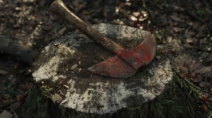 The ax was stuck in the center of the stump and deliberately left there as a marker or tool for further felling The handle of the ax is long and the blade of the ax is painted red
