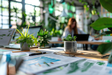 Office space with potted plants and business documents on a desk, employee working on ESG report in the background. Green office, workplace productivity, eco-friendly workspace.