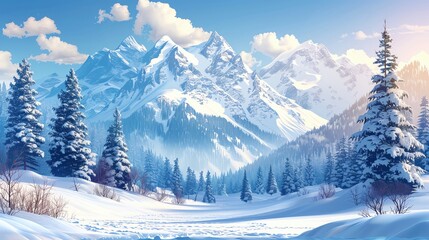Fototapeta premium Snow-covered mountain peaks with alpine trees, winter wonderland, nature landscape