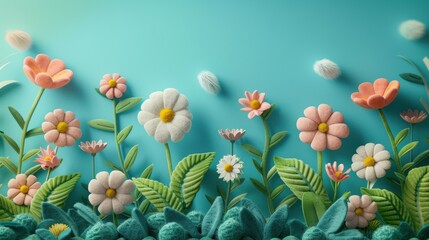 Obraz premium Colorful Flowers and Green Leaves on a Turquoise Background.