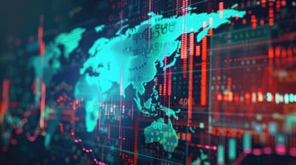 Obraz premium Global Crisis Chart Concept, Abstract double exposure of global crisis chart on holographic world map background. Ai generated