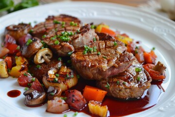 Veal steak with mushrooms veggies duck liver and red wine sauce