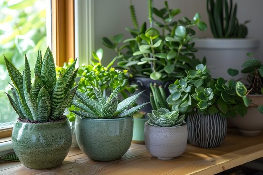 Various types of green houseplants including cactus succulent aloe vera gasteria pilea depressa and parodia warasii