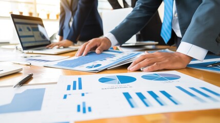 Business professionals analyzing charts and data reports in a modern office setting. Financial planning, business analysis, teamwork, office collaboration, corporate strategy concept.