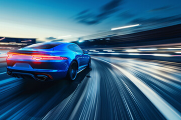 a blue sports car driving on a road