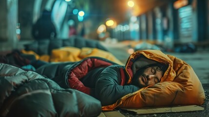 Fototapeta premium Homeless people sleeping in sleeping bag and cardboard in a street, concept of financial crisis, unemployment, lose job, vulnerable groups.