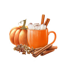 Pumpkin spice latte with marshmallow, cinnamon, star anise in a mug. Vintage style painted illustration. Autumn traditional hot tasty drink. Pumpkin spicy latte in orange cup on white background