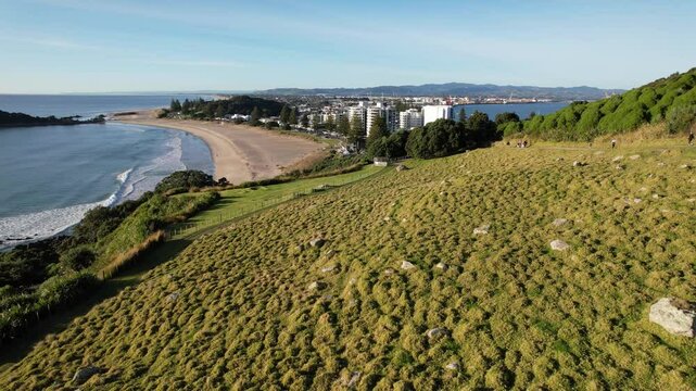 Flying Towards Mount Maunganui City In Tauranga, Bay Of Plenty, North Island, New Zealand. Aerial Shot