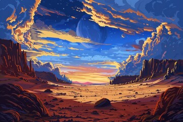 Desert Planet Landscape with Rocky Formations and Colorful Sunset Sky