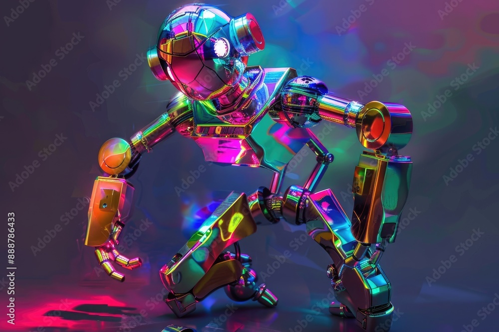 Poster a shimmering robot with iridescent panels that change color with each movement, ai generated