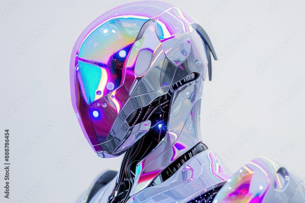 Poster a shimmering robot with iridescent panels that change color with each movement, ai generated