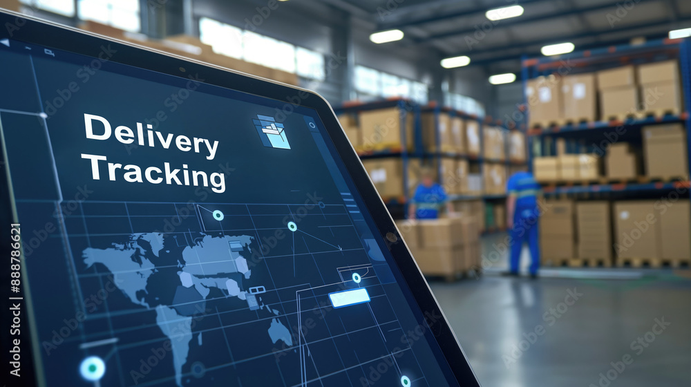 Poster digital delivery tracking on tablet screen in warehouse environment with workers and boxes. logistic