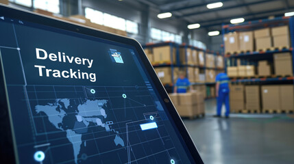 Digital delivery tracking on tablet screen in warehouse environment with workers and boxes. Logistics management, supply chain, real-time tracking, inventory management, warehouse operations concept.
