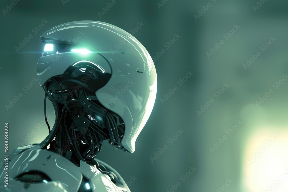Poster an android with illuminated eyes and a red glowing light, a sleek, futuristic robot emitting a soft,