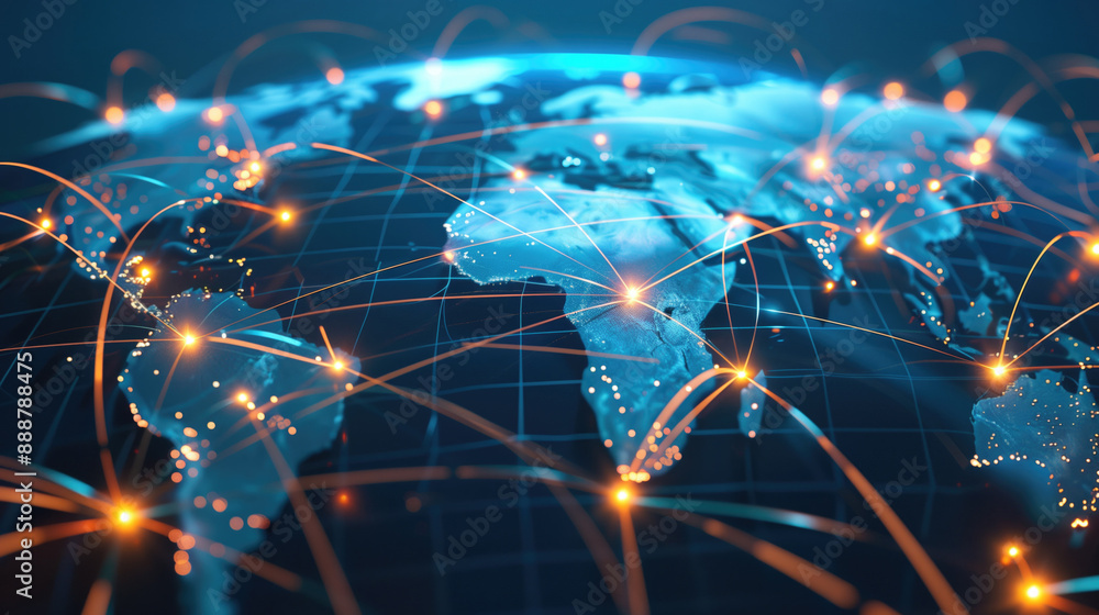 Poster digital representation of global network connections across continents on a world map. global busine
