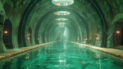 Naklejka premium A mysterious, illuminated underground water tunnel with beautiful greenish water, concrete arches, and pipes creating an eerie yet captivating atmosphere.