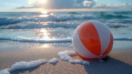 Obraz premium A beach ball is sitting on the sand next to the ocean