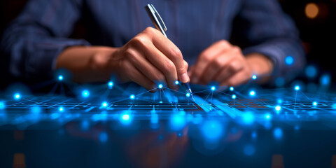 Close up of male hand with pen using creative digital tech circle on blurry dark office background. Big data and technology concept. Double exposure.