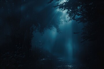 Obraz premium Sunlight filters through dense trees in a dark forest, A soft, ethereal glow seeping through the darkness. AI generated