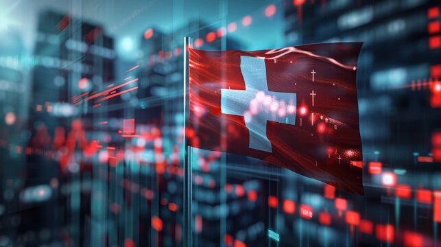 Switzerland flag and country's economy financial graphs. Swiss country, Switzerland global economic influence. Double exposure. Inflation, deflation, profit & loss, Business, banking, Investment.