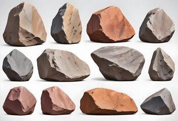 Collection set of big and long hard 3D rock boulder stone on white background 3