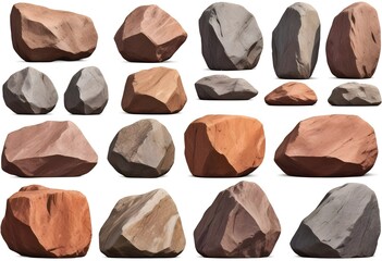 Collection set of big and long hard 3D rock boulder stone on white background 3