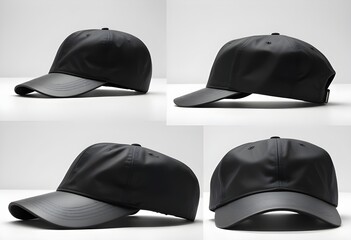 Set of black front and side view hat cap on white background