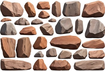 Collection set of big and long hard 3D rock boulder stone on white background 3