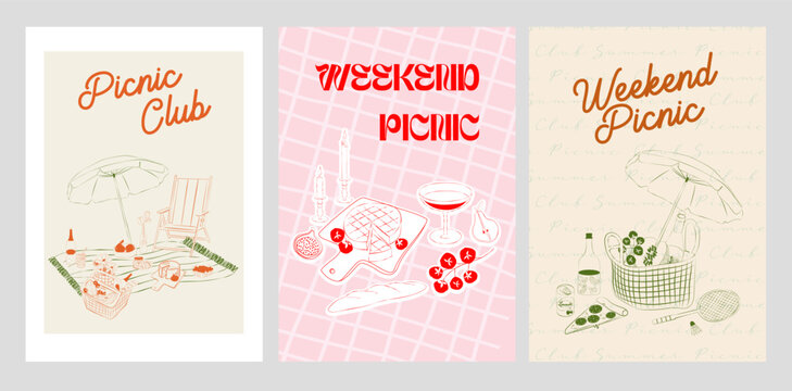 Collection of Summer Picnic Posters. Outdoor picnic wall art. Food Poster template. Interior posters set. Inspiration posters. Editable vector illustration.