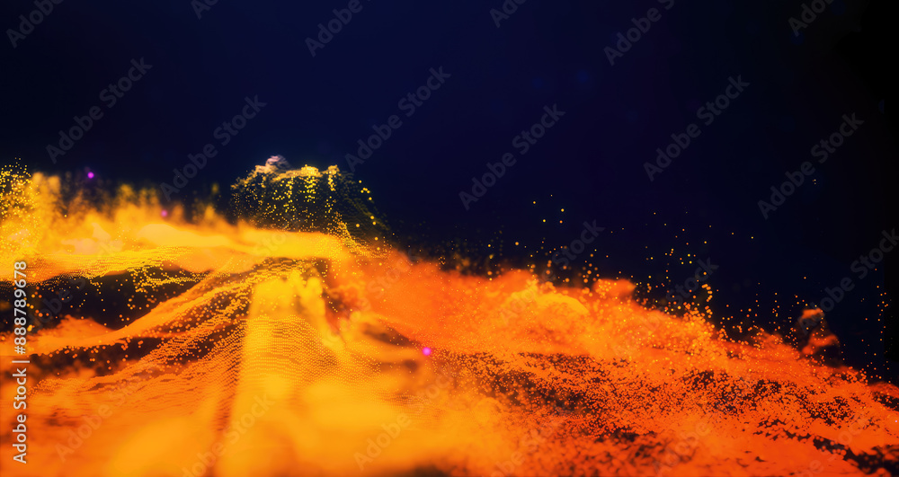 Poster abstract moving futuristic landscape of particles and dots of energy magic with glow and blur effect