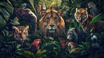 World wildlife day illustration, wild animals, jungle world, Generative AI