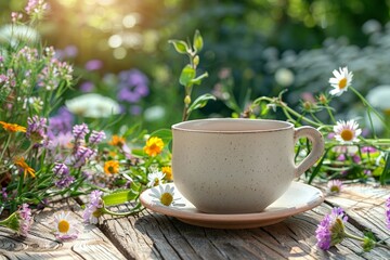 Empty tea cup on a garden table with flowers and greenery around