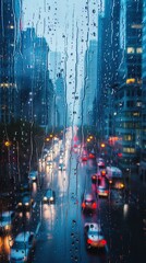 Fototapeta premium Blurred Cityscape: A Window's View Through Rain