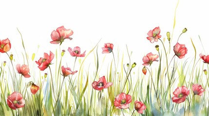 Watercolor tall grass and red poppys on a white background