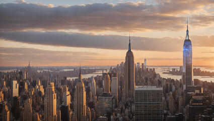 Obraz premium A panoramic view of a city skyline at sunset, with tall skyscrapers and a river in the distance