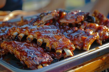 Succulent ribs being grilled, with a sign saying "ribs on the grill, A tray of sticky sweet BBQ ribs, AI generated