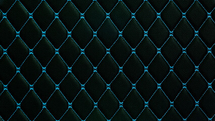 Black luxury leather pattern with blue diamond stitching pattern, Black leather texture and background, Black leather car floor mats with blue diamond pattern.