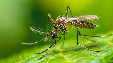 Naklejka premium Close-Up of Aedes triseriatus Mosquito, Primary Vector of La Crosse Encephalitis, Detailed Insect Photography, Focus on Disease Transmission, Public Health Concern in Forested Areas